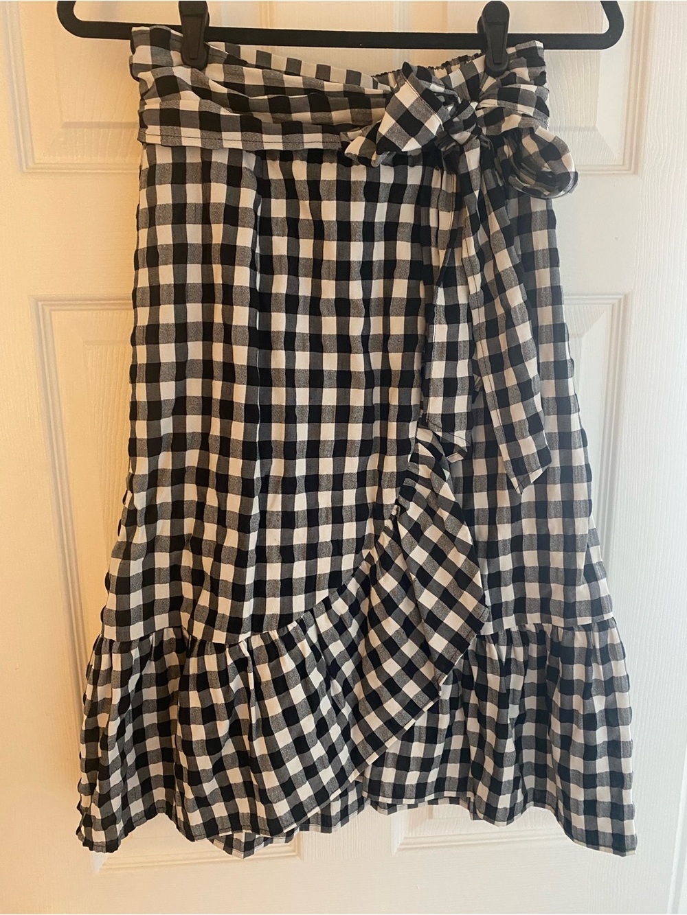 Maeve Black and White Gingham Faux Wrap Midi Skirt with Tie Waist